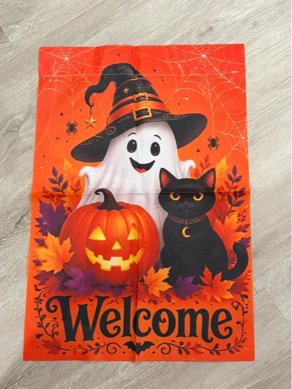 Halloween Ghost Black Cat Pumpkin Welcome Garden Flag 11.5” x 17”